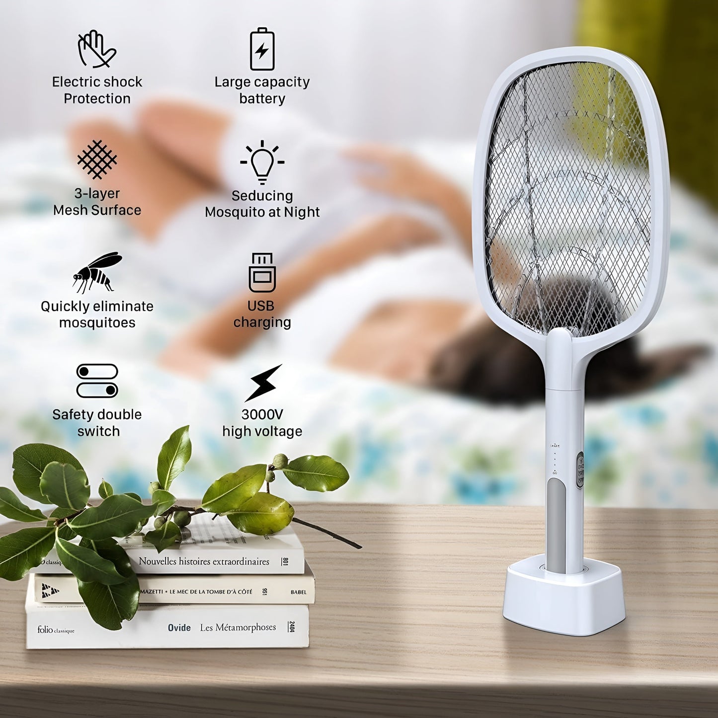 Rechargeable Mosquito Racket with Stand | Electric Insect Killer Bat