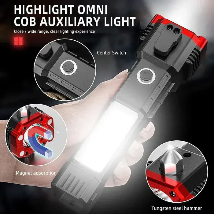 Rechargeable LED Torch Light – Power Bank & Tactical Hammer