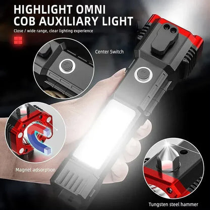 Rechargeable LED Torch Light – Power Bank & Tactical Hammer