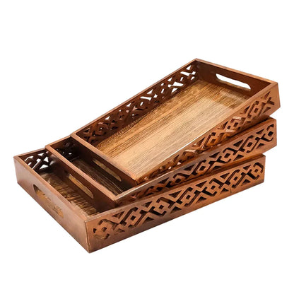 (pack of 3) Wooden Serving Tray Set with handles Wood Serving Trays for Tea Coffee Food Platter Household Kitchen Multipurpose Use