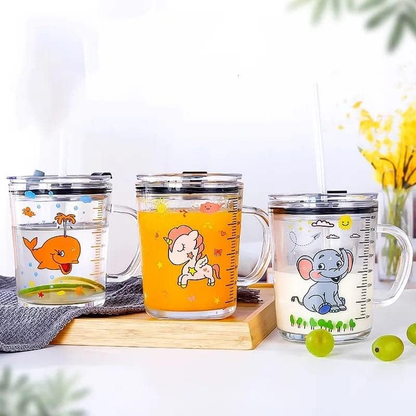 Unicorn Shape 350 ML Glass Mug with Straw and Lid Creative Cartoon Children's Glass Milk Cup Juice Glass Drink Ware Water Bottle 1 pcs (Unicorn Shape )