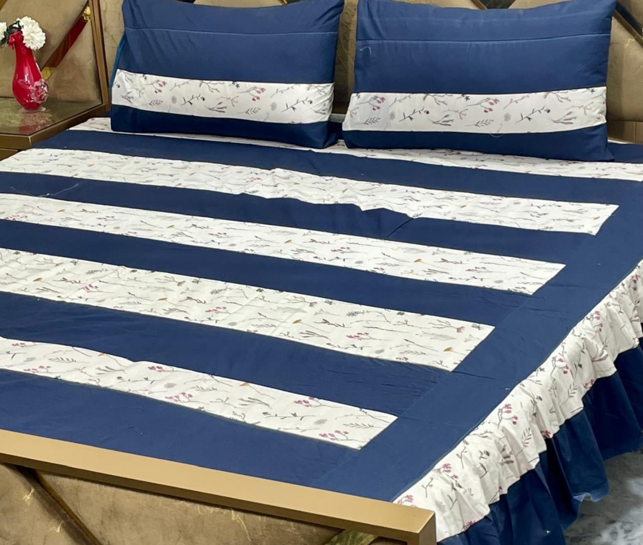 Luxury 3-Piece Frill Patchwork Double Bed Bedsheet Set – Soft Cotton Blend, Multicolor, Includes 2 Pillow Covers, Elegant Frilled Edges - Design 1