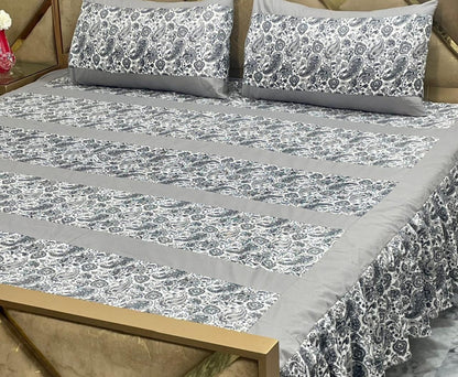 Luxury 3-Piece Frill Patchwork Double Bed Bedsheet Set – Soft Cotton Blend, Multicolor, Includes 2 Pillow Covers, Elegant Frilled Edges - Design 1
