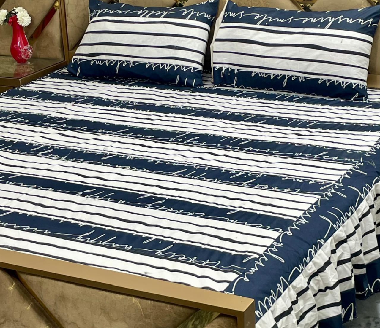 Luxury 3-Piece Frill Patchwork Double Bed Bedsheet Set – Soft Cotton Blend, Multicolor, Includes 2 Pillow Covers, Elegant Frilled Edges - Design 1