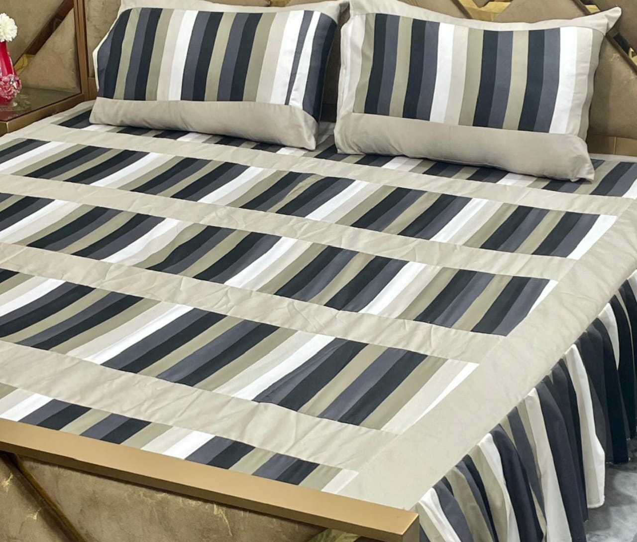 Luxury 3-Piece Frill Patchwork Double Bed Bedsheet Set – Soft Cotton Blend, Multicolor, Includes 2 Pillow Covers, Elegant Frilled Edges - Design 1