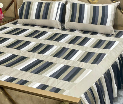 Luxury 3-Piece Frill Patchwork Double Bed Bedsheet Set – Soft Cotton Blend, Multicolor, Includes 2 Pillow Covers, Elegant Frilled Edges - Design 1