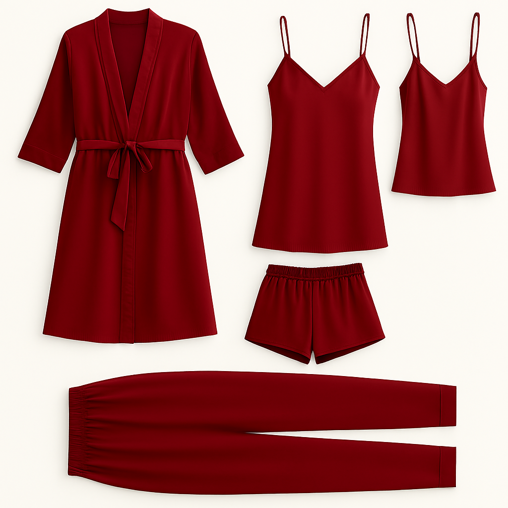 5-Piece Satin Sleepwear Set – Robe, Camisole, Shorts, Pants & Slip Dress Free Size (Black)