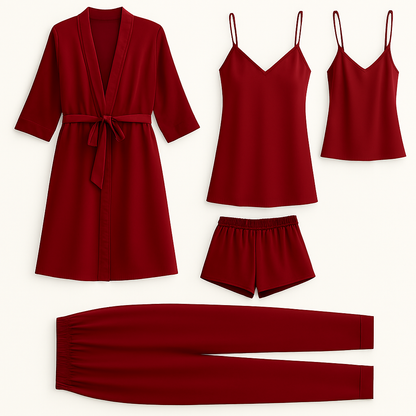 5-Piece Satin Sleepwear Set – Robe, Camisole, Shorts, Pants & Slip Dress Free Size (Black)