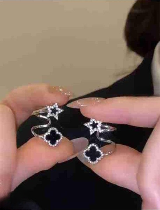 Sparkling Clover Star Earrings – Gold Plated Fashion Jewelry with Black Enamel & Crystal Detailing ( PXJ-107) - Golden