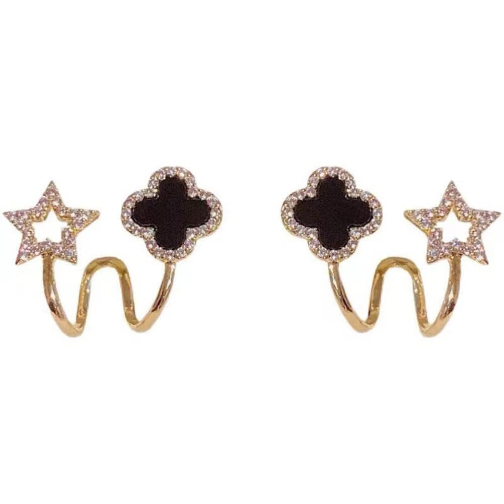 Sparkling Clover Star Earrings – Gold Plated Fashion Jewelry with Black Enamel & Crystal Detailing ( PXJ-107) - Golden