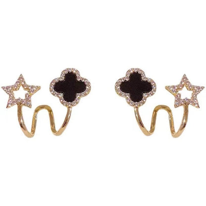 Sparkling Clover Star Earrings – Gold Plated Fashion Jewelry with Black Enamel & Crystal Detailing ( PXJ-107) - Golden