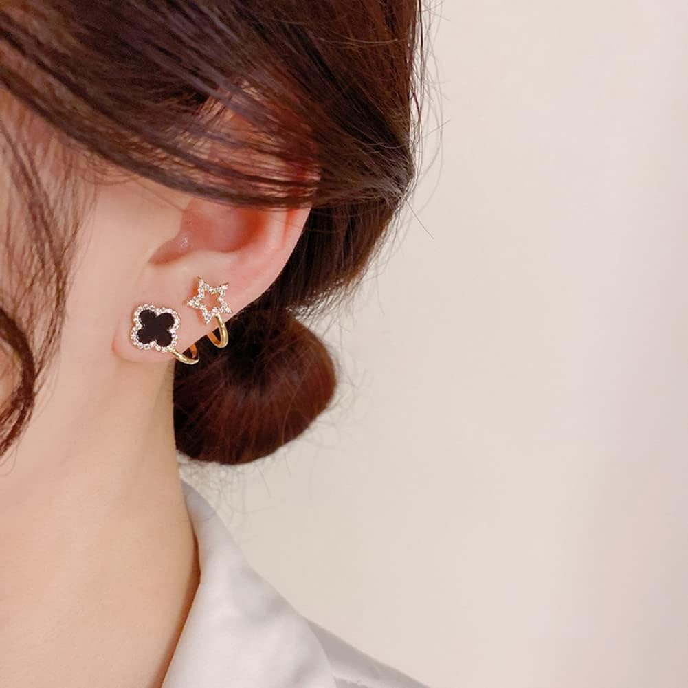 Sparkling Clover Star Earrings – Gold Plated Fashion Jewelry with Black Enamel & Crystal Detailing ( PXJ-107) - Golden