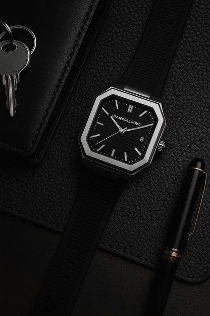 Universal Point UP 1988 – Square Dial Leather Strap Watch | Stainless Steel Case | Water Resistant 3 ATM (With Box)