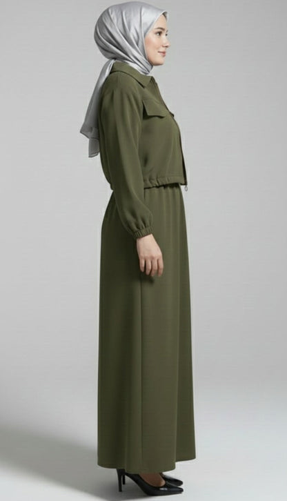 Stylish 2 Piece Set Long Frock Maxi Dress With Matching Zipper Jacket Premium Quality