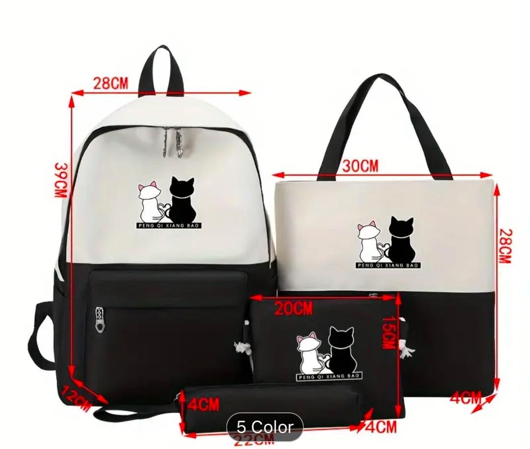 Cute Cat Print 5-in-1 School Bag Set for Girls – Backpack, Handbag, Crossbody Pouch, Pencil Case & Lunch Bag Stylish Combo black