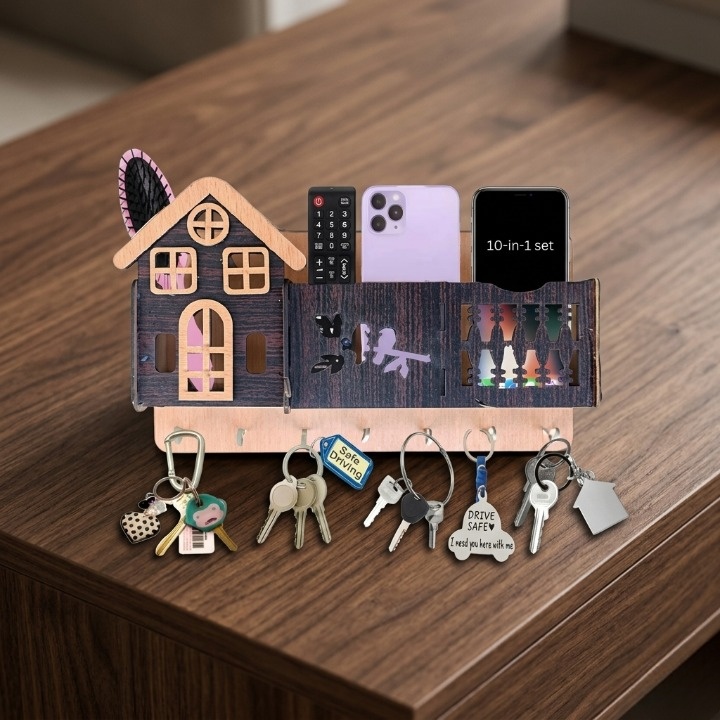 Decorative Wooden House Key Holder – Wall Mounted Key Organizer with 6 Hooks & Marble Finish Design