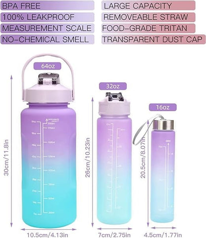 3 Piece Motivational Water Bottle Set BPA Free Plastic Gradient Colors For Students Fitness And Daily Use | Random Color