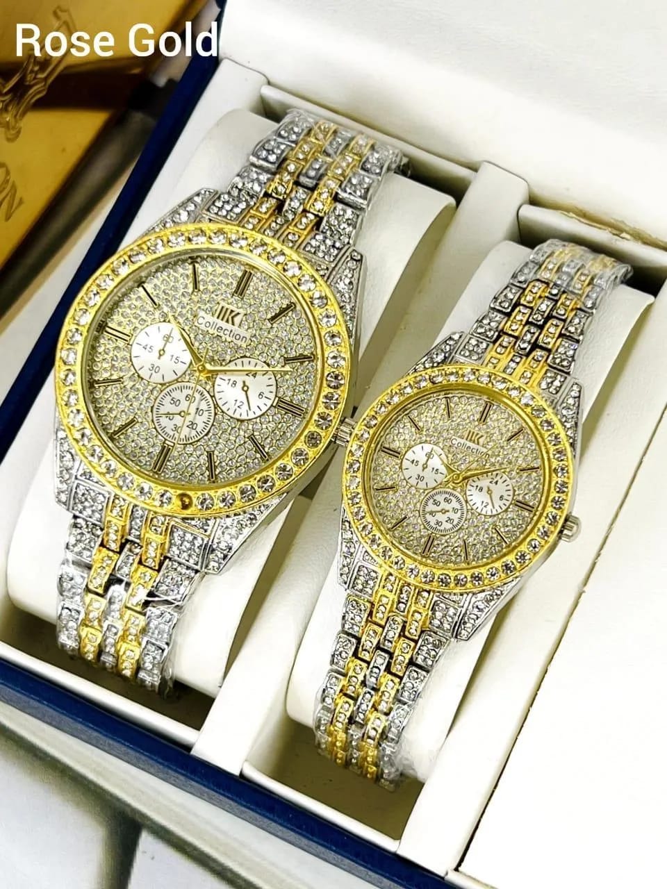 Luxury Diamond-Accented Couple Watch Set (Without Box) - Golden