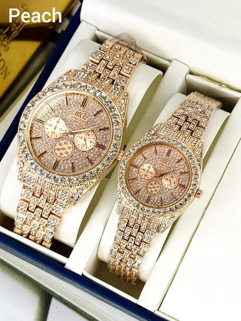 Luxury Diamond-Accented Couple Watch Set (Without Box) - Golden