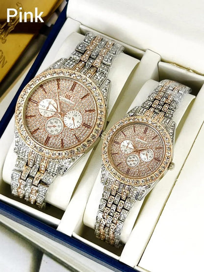 Luxury Diamond-Accented Couple Watch Set (Without Box) - Golden