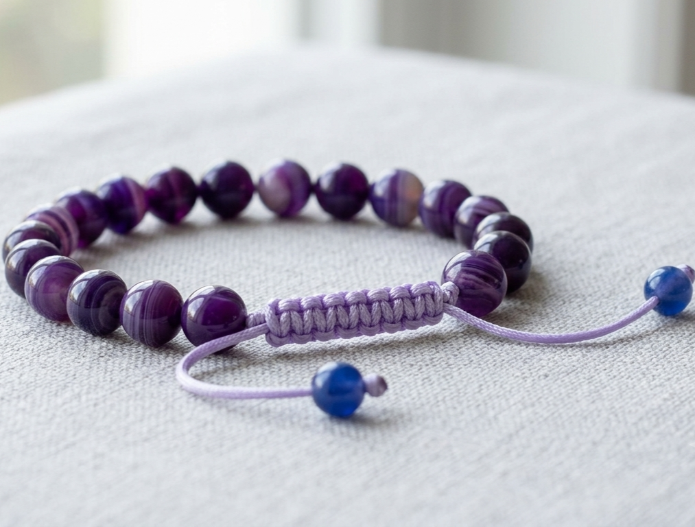 Amythest Stone Braclet - Natural Purple Crystal Healing Quartz Gemstone Stretch Wrist Band - Adjustable