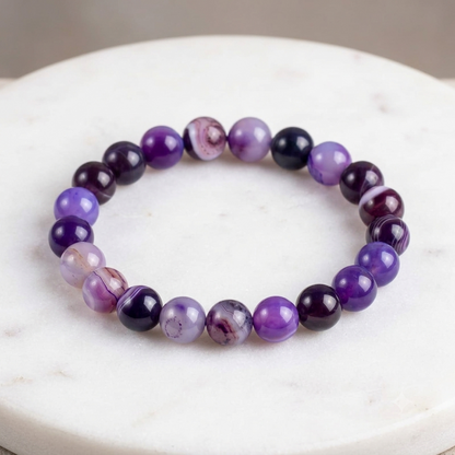 Amythest Stone Braclet - Natural Purple Crystal Healing Quartz Gemstone Stretch Wrist Band - Adjustable
