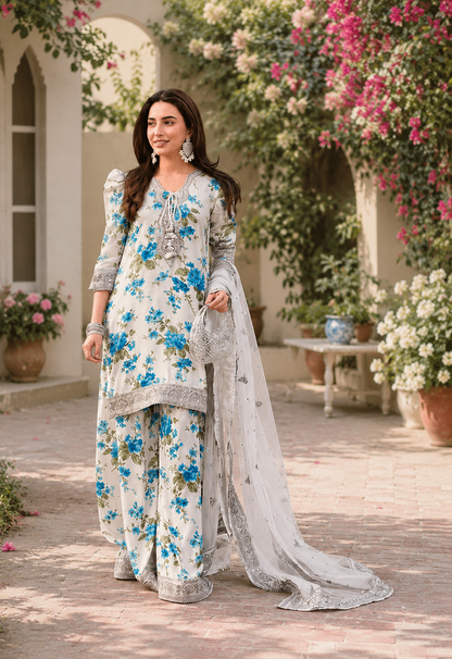 Elegant All-Over Print Embroidered Lawn 3 Piece Unstitched EID Dress with Embroidered Chiffon Dupatta