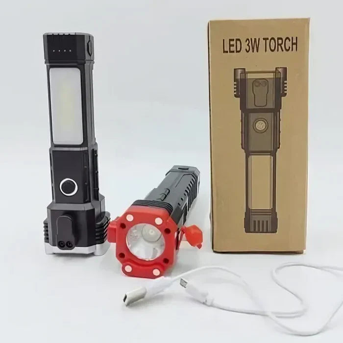 Rechargeable LED Torch Light – Power Bank & Tactical Hammer