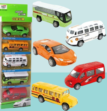 5-Piece Die Cast Metal Car and Bus Set – 1:64 Scale City Vehicle Collection for Kids – Pull Back & Release – Durable Metal & Plastic Construction – Educational Toy for Ages 3+