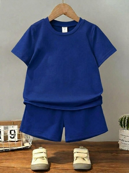 Kids Plain Summer Tracksuit Set – Soft Cotton Blend Half Sleeve T-Shirt & Comfortable Shorts Co-Ord Outfit for Boy