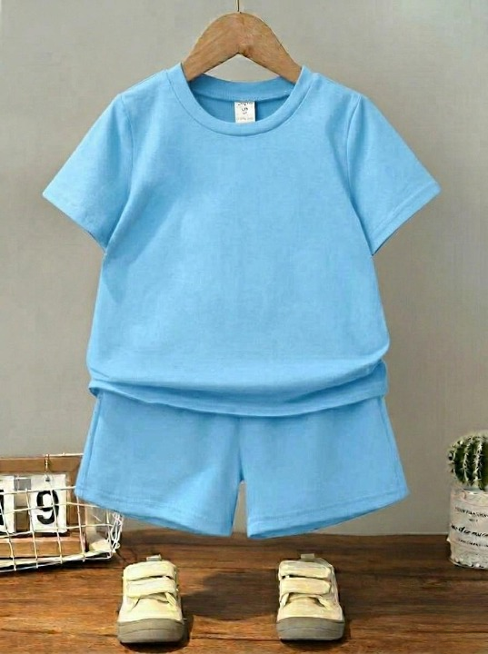 Kids Plain Summer Tracksuit Set – Soft Cotton Blend Half Sleeve T-Shirt & Comfortable Shorts Co-Ord Outfit for Boy