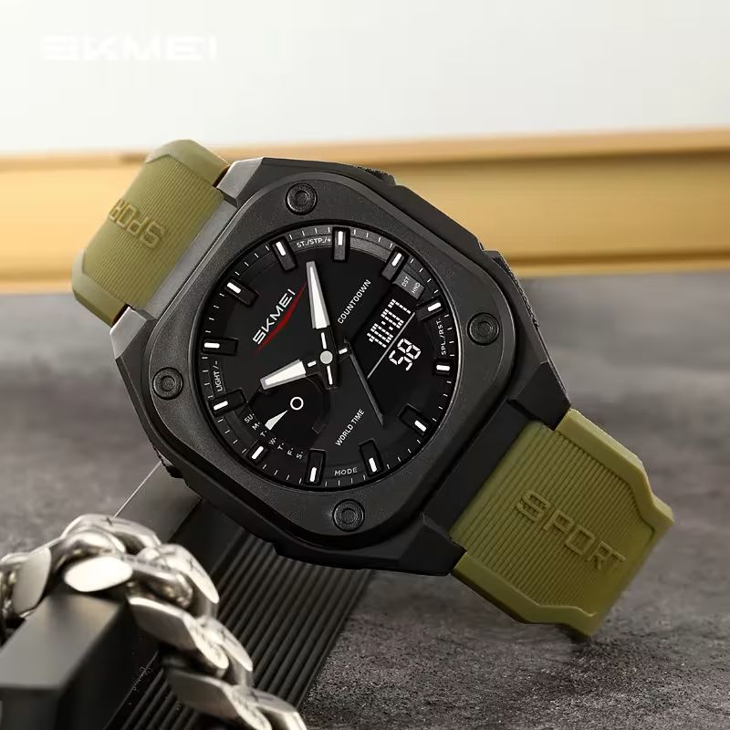 SKMEI Original Men's World Timer Watch – Premium Analog-Digital Sports Chronograph with Heavy-Duty Silicone Strap