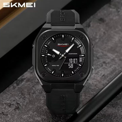 SKMEI Original Men's World Timer Watch – Premium Analog-Digital Sports Chronograph with Heavy-Duty Silicone Strap
